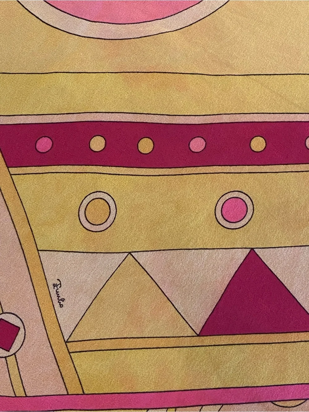 Vintage Mid Century Emilio Pucci Geometric Pink & Yellow Large Silk Scarf